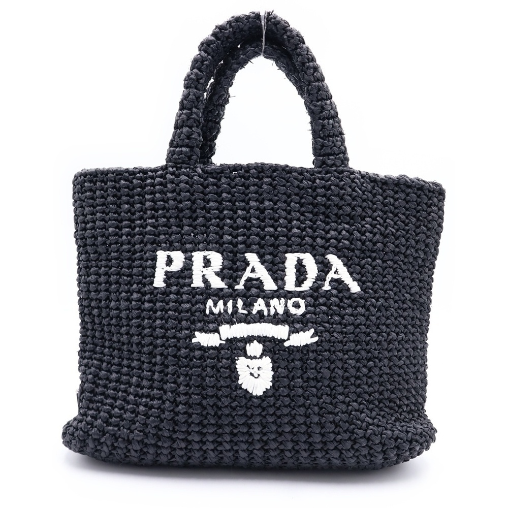 PRADA Crochet Handbag Tote Bag Basket Black Viscose